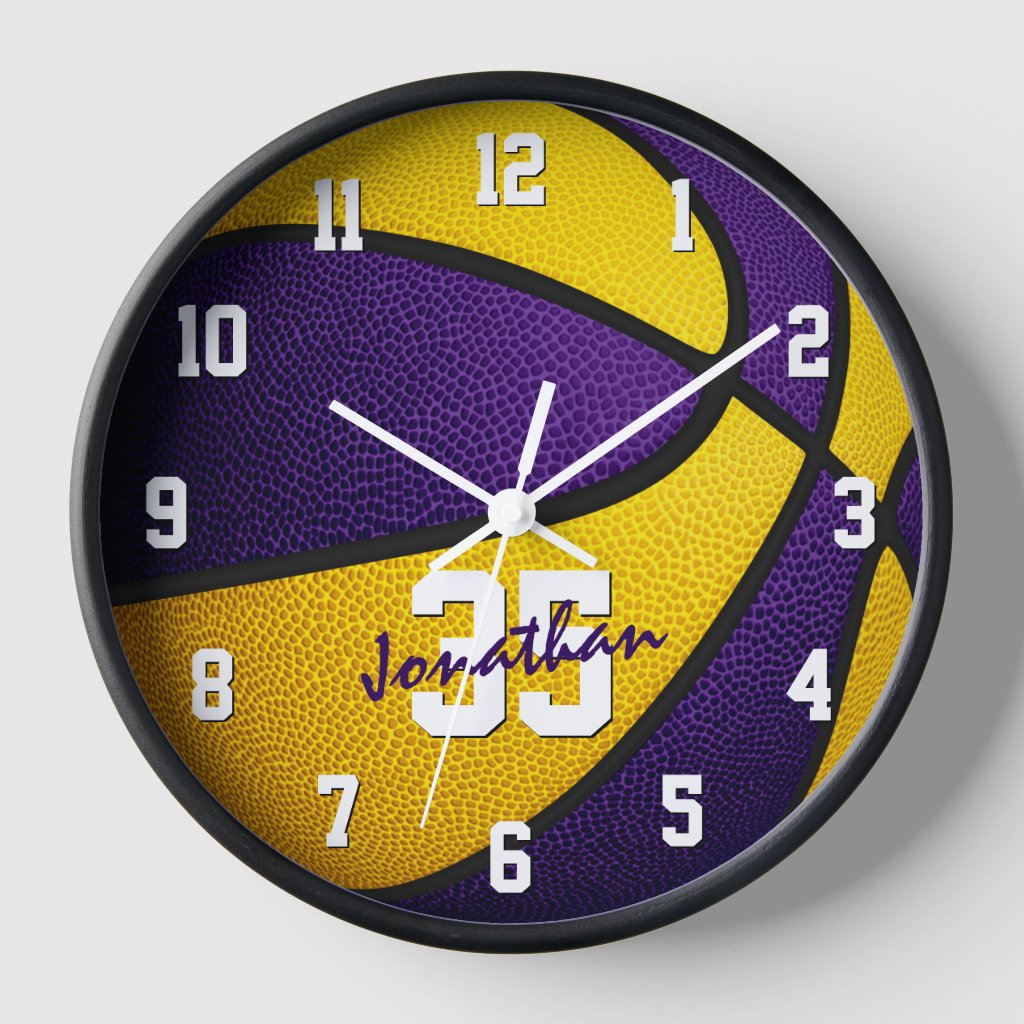 purple gold boys girls basketball personalized round clock