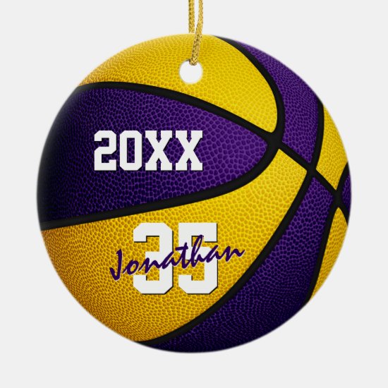 purple gold boys girls school colors basketball ceramic ornament