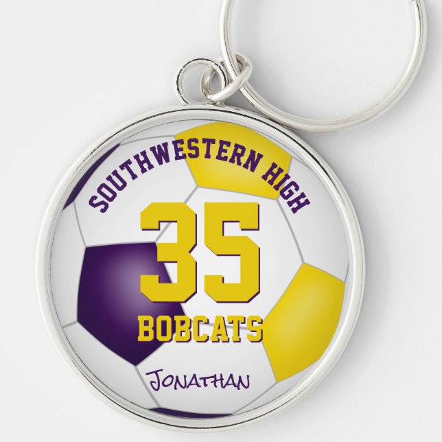 purple gold boys girls sports team name soccer keychain (Front)