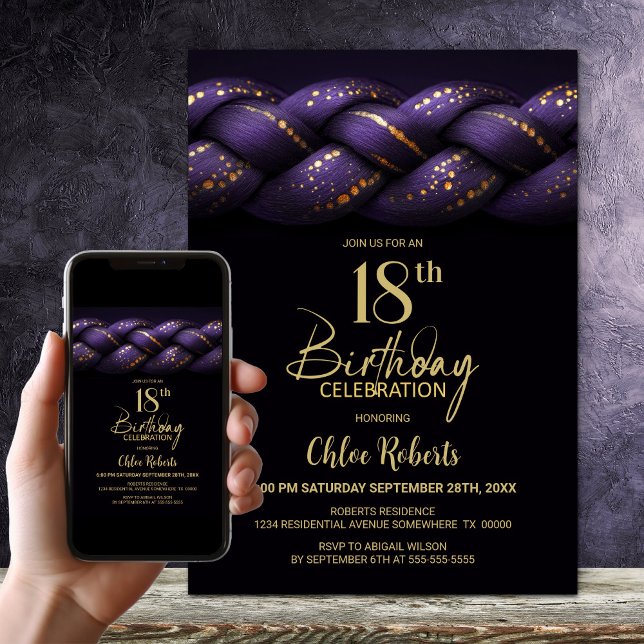 Purple Gold Braid 18th Birthday Party Invitation (Creator Uploaded)