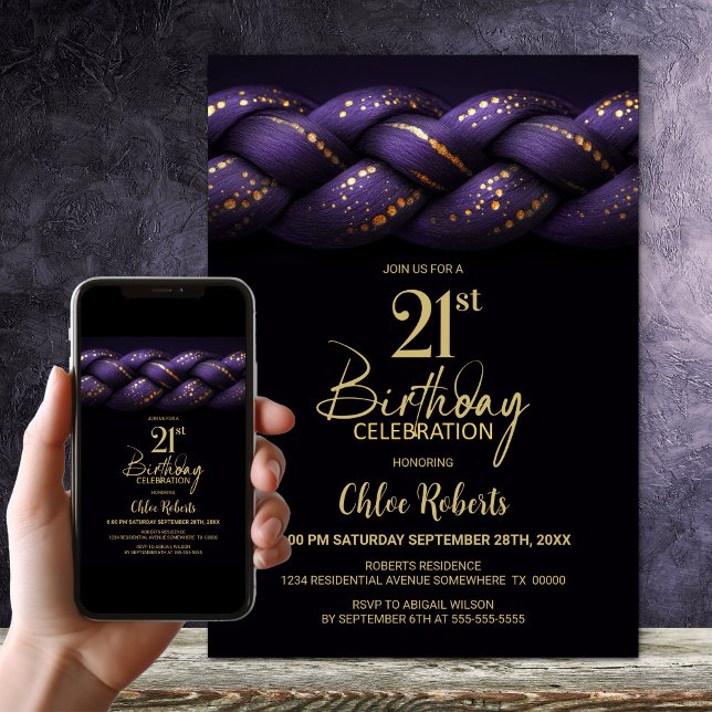 Purple Gold Braid 21st Birthday Party Invitation (Creator Uploaded)