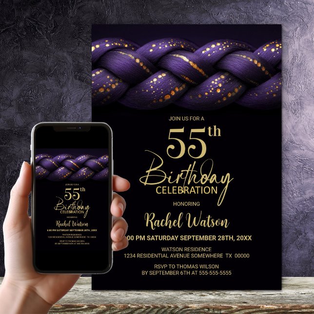 Purple Gold Braid 55th Birthday Party Invitation (Creator Uploaded)