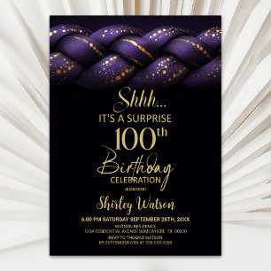 Purple Gold Braid Surprise 100th Birthday Party Invitation