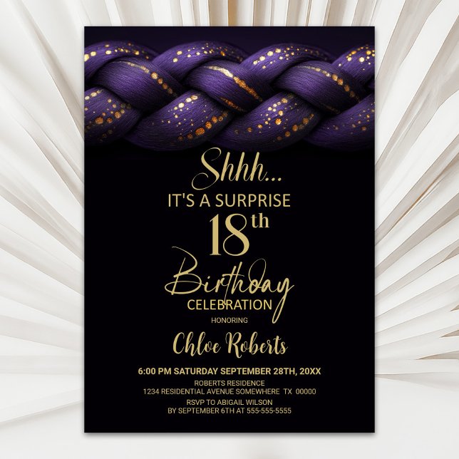 Purple Gold Braid Surprise 18th Birthday Party Invitation (Creator Uploaded)
