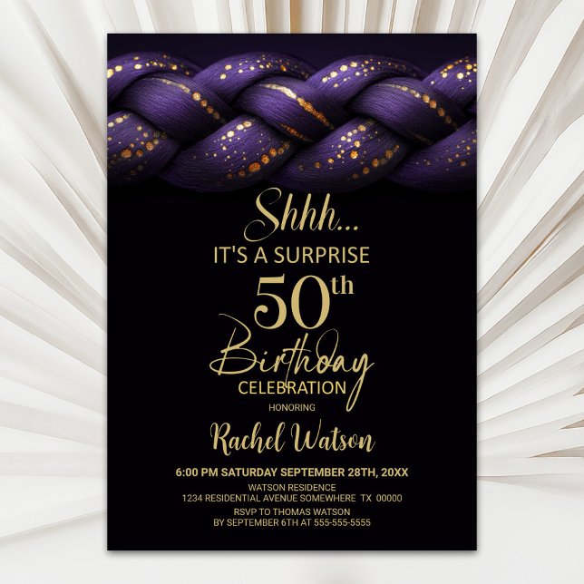 Purple Gold Braid Surprise 50th Birthday Party Invitation (Creator Uploaded)