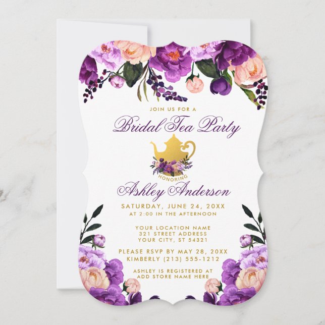 Purple Gold Bridal Shower Tea Party Invite B (Front)