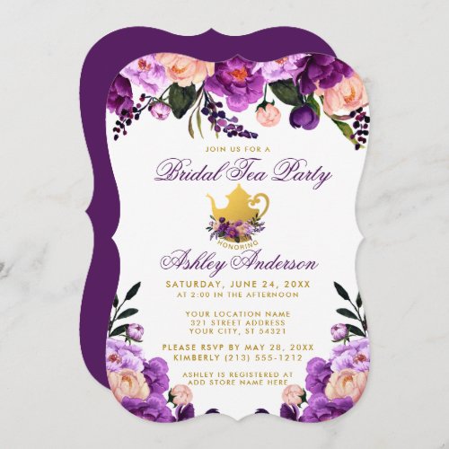 Purple Gold Bridal Shower Tea Party Invite BP