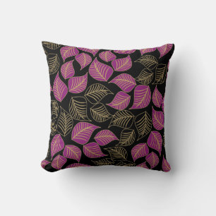 Purple gold broad leaves pattern on black throw pillow
