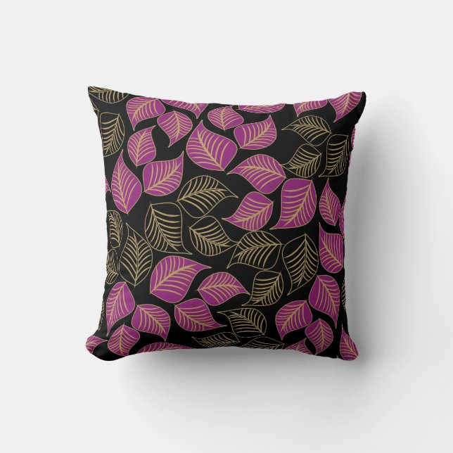 Purple gold broad leaves pattern on black throw pillow (Front)