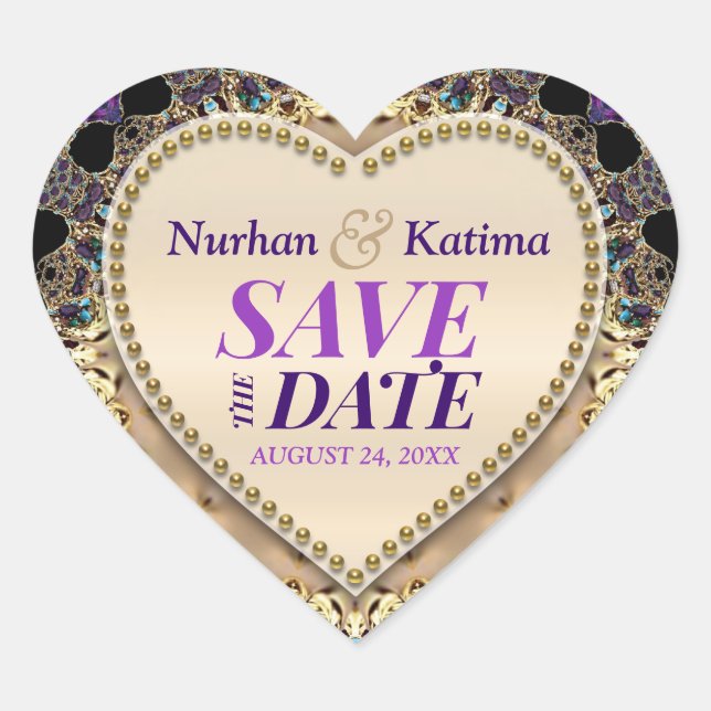 Purple Gold Brocade Save the Date Sticker (Front)