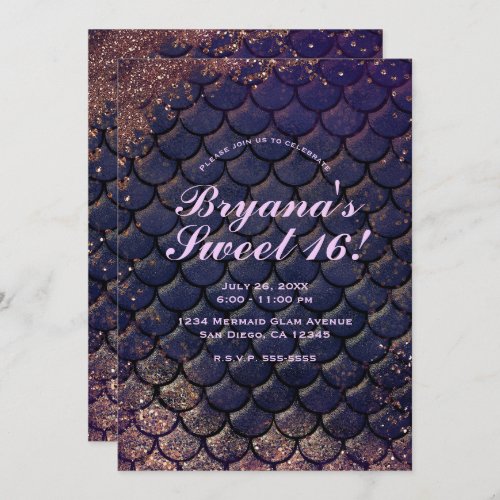 Purple Gold Bronze Glitter Mermaid Sweet 16   Invitation