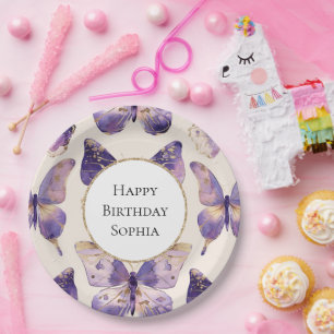 Purple Gold Butterflies Birthday Paper Plates