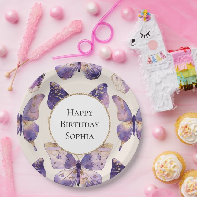 Purple Gold Butterflies Birthday Paper Plates (Party)