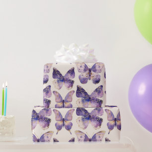 Purple Gold Butterflies Birthday Wrapping Paper