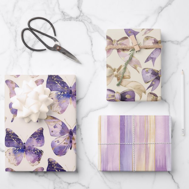 Purple Gold Butterflies Bows Stripes Birthday  Wrapping Paper Sheets (Front)