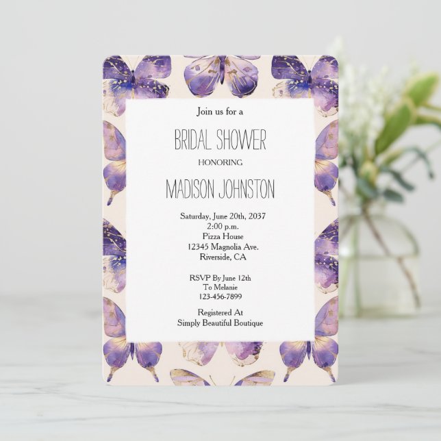 Purple Gold Butterflies Bridal Shower Invitation (Standing Front)