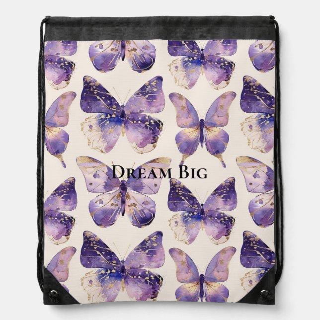 Purple Gold Butterflies  Drawstring Bag (Front)