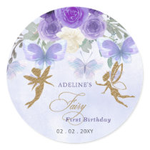 Purple Gold Butterflies Fairy First Birthday Classic Round Sticker