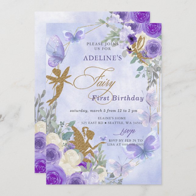 Purple Gold Butterflies Fairy First Birthday Invitation (Front/Back)