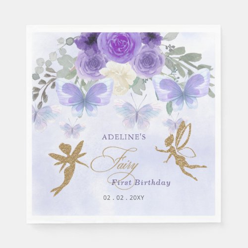 Purple Gold Butterflies Fairy First Birthday Napkins