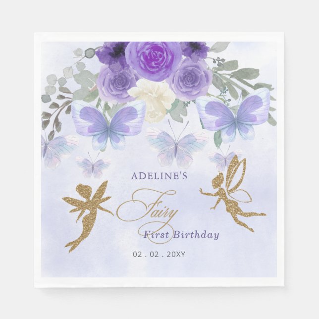 Purple Gold Butterflies Fairy First Birthday Napkins (Front)