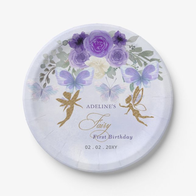 Purple Gold Butterflies Fairy First Birthday Paper Plates (Front)