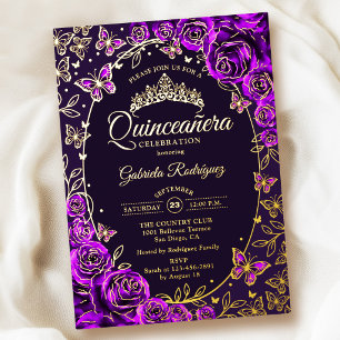 Purple Gold Butterflies Roses Quinceanera Foil Invitation