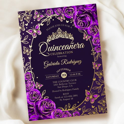 Purple Gold Butterflies Roses Quinceanera Foil Invitation