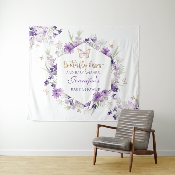 Purple gold butterfly baby shower tapestry Zazzle