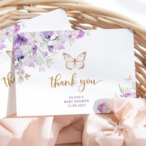 Purple gold butterfly baby shower thank you card