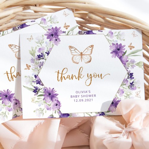 Purple gold butterfly baby shower thank you card