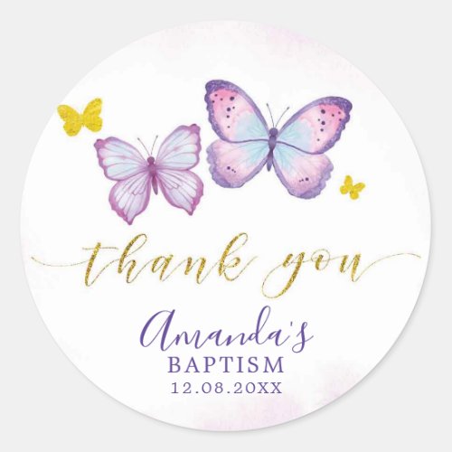 Purple Gold Butterfly Baptism Thank You Sticker
