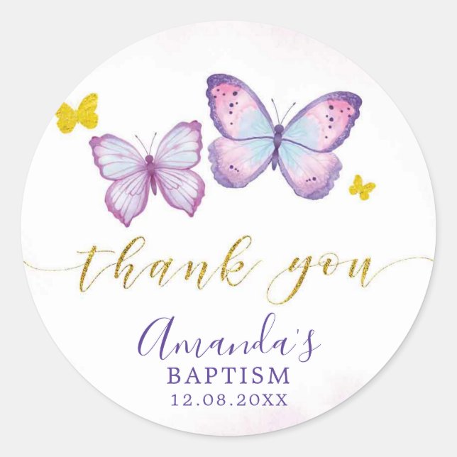 Purple Gold Butterfly Baptism Thank You Sticker (Front)