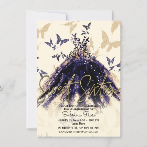 Purple Gold Butterfly Dance Dress Sweet 16 Party Invitation