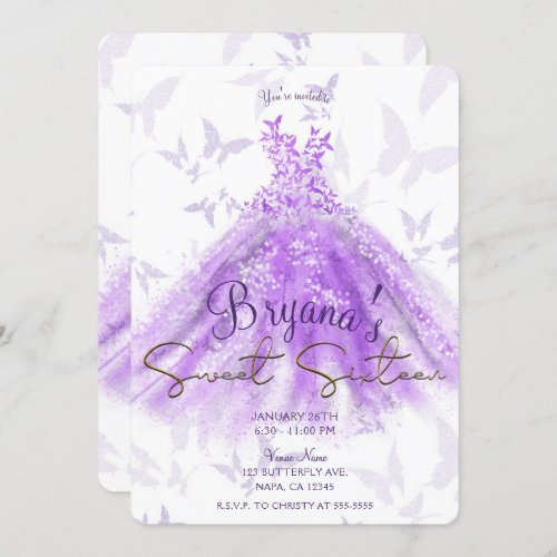 Purple Gold Butterfly Dance Dress Sweet 16 Party Invitation