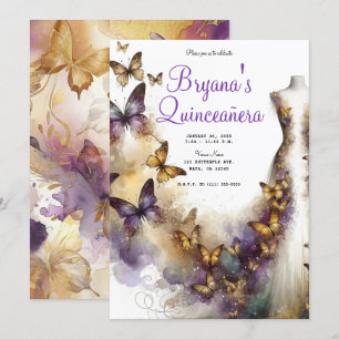 Purple & Gold Butterfly Dress Fantasy Quinceañera Invitation