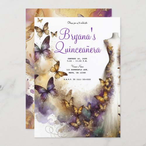 Purple  Gold Butterfly Dress Fantasy Quinceaera Invitation