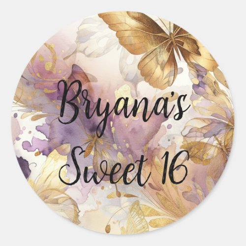 Purple  Gold Butterfly Dress Fantasy Sweet 16  Classic Round Sticker