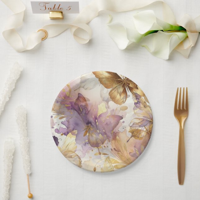 Purple & Gold Butterfly Dress Fantasy Sweet 16  Paper Plates (Wedding)