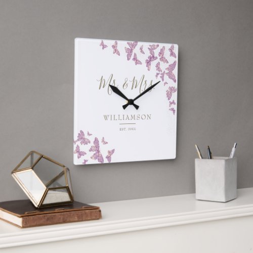 Purple Gold Butterfly Elegant Wedding Anniversary Square Wall Clock