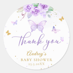 Purple Gold Butterfly Floral Baby Shower Classic Round Sticker
