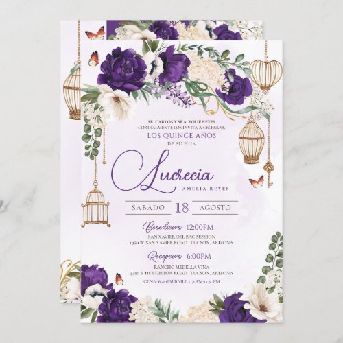 Purple Gold Butterfly Floral Elegant Quinceaera Invitation