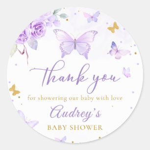 Purple Gold Butterfly Floral Girl Baby Shower Classic Round Sticker