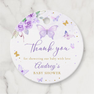 Purple Gold Butterfly Floral Girl Baby Shower Favor Tags