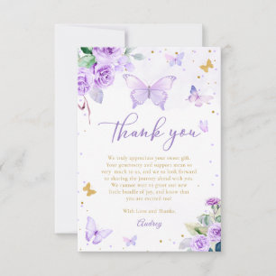 Purple Gold Butterfly Floral Girl Baby Shower Thank You Card