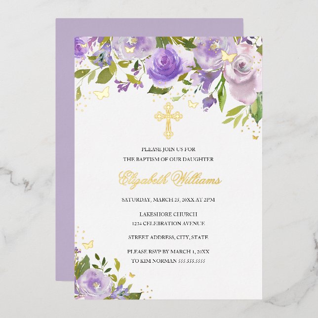 Purple Gold Butterfly Floral Girl Baptism Foil Invitation (Front/Back)