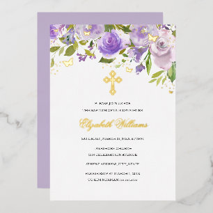 Purple Gold Butterfly Floral Girl Baptism Foil Invitation