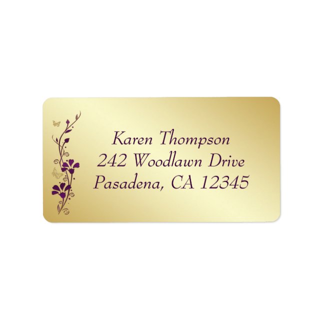 Purple, Gold Butterfly Floral Return Address Label (Front)