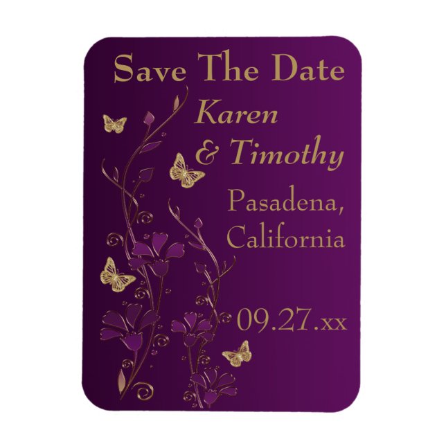 Purple, Gold Butterfly Floral Save The Date Magnet (Vertical)