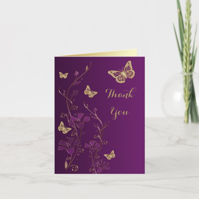 Purple, Gold Butterfly, Floral Thank You Note Card (Front)